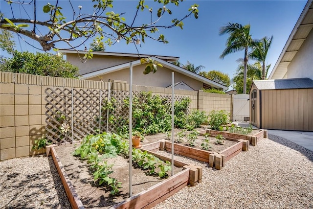 17301 Elsinore Cir, Huntington Beach, CA 92647 - fenced backyard featuring a garden, a storage unit, an outdoor structure, and a gate