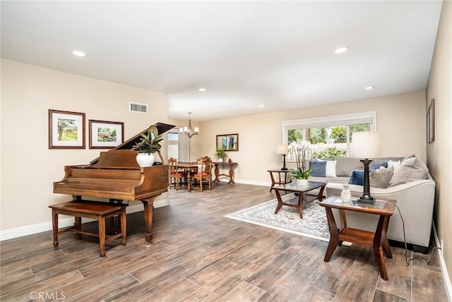 17301 Elsinore Cir, Huntington Beach, CA 92647 - living area featuring baseboards, wood finished floors, a chandelier, and recessed lighting