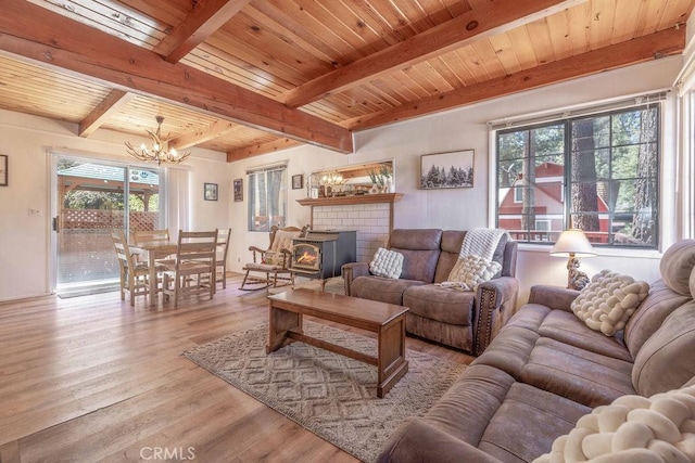 42759 Peregrine Ave, Big Bear Lake, CA 92315 - living area featuring a chandelier, wood finished floors, wood ceiling, beam ceiling, and a brick fireplace
