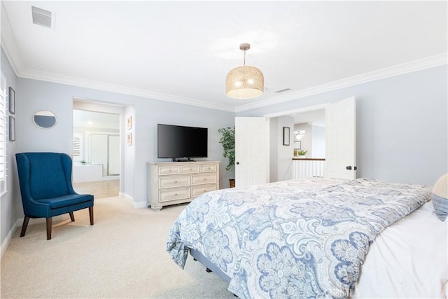 bedroom featuring crown molding, light colored carpet, and baseboards