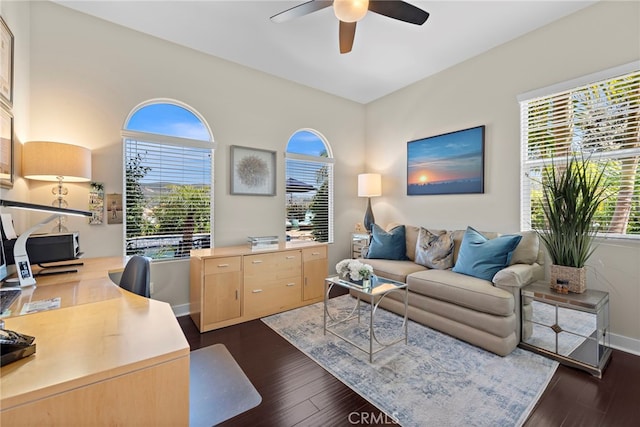 7051 Sitio Caliente, Carlsbad, CA 92009 - home office featuring a ceiling fan, dark wood finished floors, and baseboards