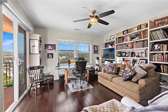 7051 Sitio Caliente, Carlsbad, CA 92009 - home office with a ceiling fan and wood finished floors