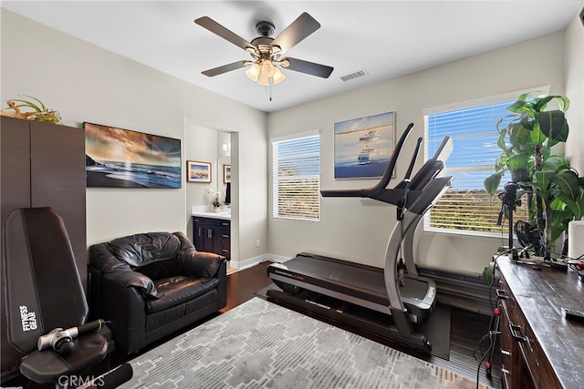 7051 Sitio Caliente, Carlsbad, CA 92009 - exercise area with wood finished floors, a ceiling fan, and baseboards