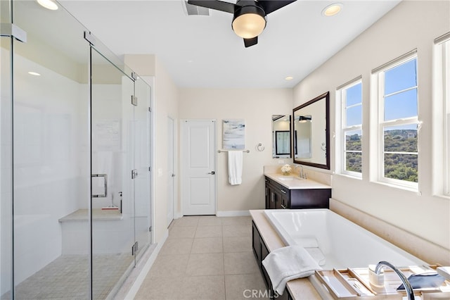 7051 Sitio Caliente, Carlsbad, CA 92009 - full bathroom with vanity, a stall shower, a bath, tile patterned floors, and recessed lighting