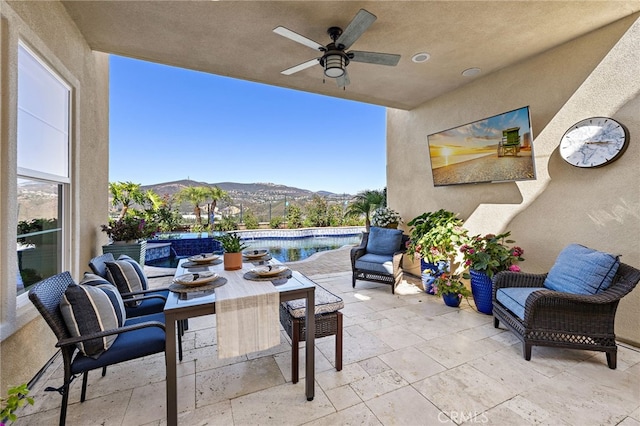 7051 Sitio Caliente, Carlsbad, CA 92009 - view of patio featuring ceiling fan, an outdoor pool, and outdoor dining area