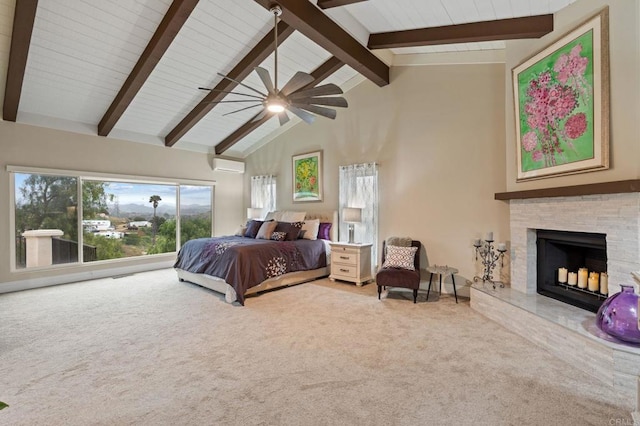 10845 Mystery Mountain Rd, Valley Center, CA 92082 - bedroom featuring carpet floors, beamed ceiling, a fireplace, high vaulted ceiling, and an AC wall unit