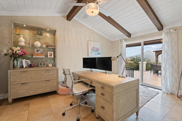 10845 Mystery Mountain Rd, Valley Center, CA 92082 - office featuring ceiling fan, light tile patterned floors, and wood ceiling