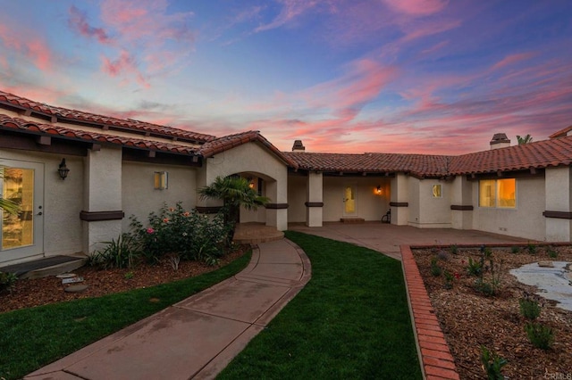 10845 Mystery Mountain Rd, Valley Center, CA 92082 - view of front of property with a tiled roof, stucco siding, and a yard