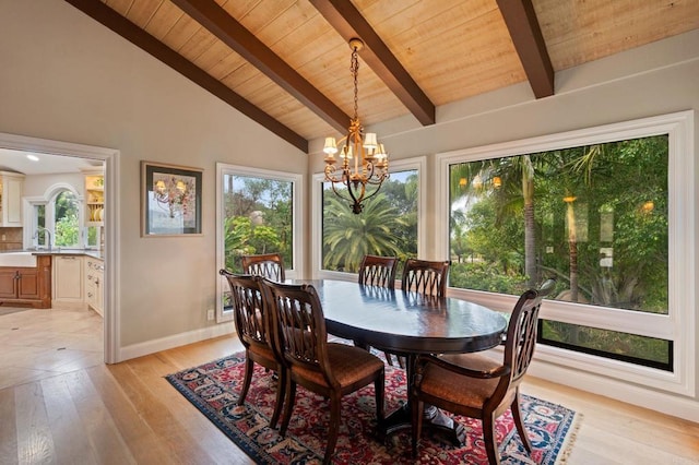 10845 Mystery Mountain Rd, Valley Center, CA 92082 - dining room with wood ceiling, a chandelier, baseboards, and light wood-style floors