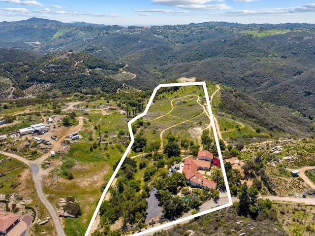 10845 Mystery Mountain Rd, Valley Center, CA 92082 - aerial view of property and surrounding area with mountains and property parcel outlined
