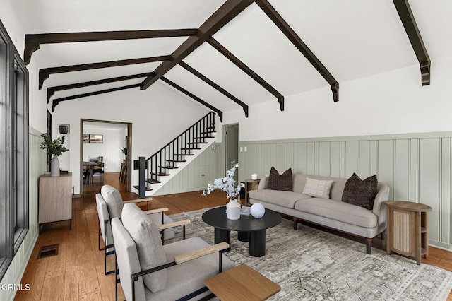 1858 Laurel Bay Dr, Pasadena, CA 91105 - living room with light wood-style floors, stairs, wainscoting, and a decorative wall