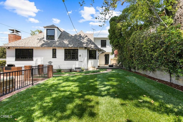 1858 Laurel Bay Dr, Pasadena, CA 91105 - rear view of property featuring a shingled roof, a patio area, and a chimney