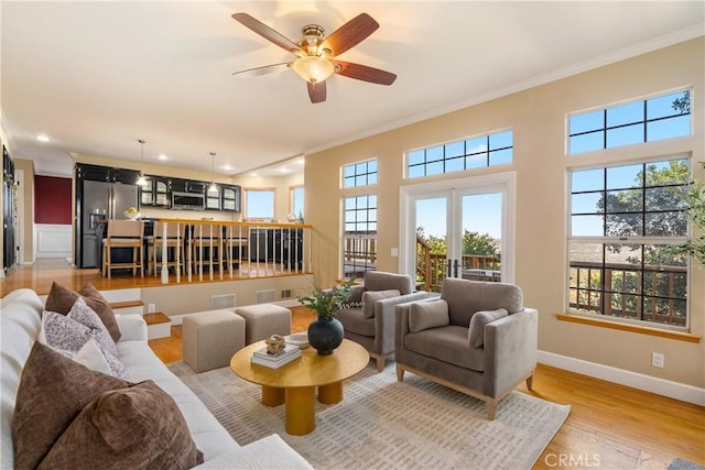 10885 San Marcos Rd, Atascadero, CA 93422 - living area featuring crown molding, baseboards, ceiling fan, light wood-style flooring, and recessed lighting