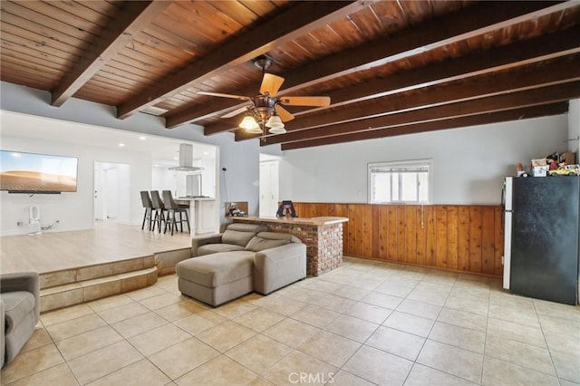3686 Palo Verde Ave, Long Beach, CA 90808 - living area featuring beam ceiling, wainscoting, wood walls, light tile patterned floors, and wooden ceiling