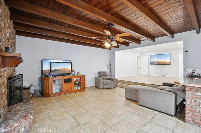 3686 Palo Verde Ave, Long Beach, CA 90808 - living room with a brick fireplace, wooden ceiling, beamed ceiling, light tile patterned flooring, and ceiling fan