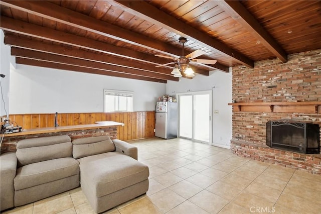 3686 Palo Verde Ave, Long Beach, CA 90808 - living area featuring beamed ceiling, wooden walls, wainscoting, wooden ceiling, and light tile patterned floors