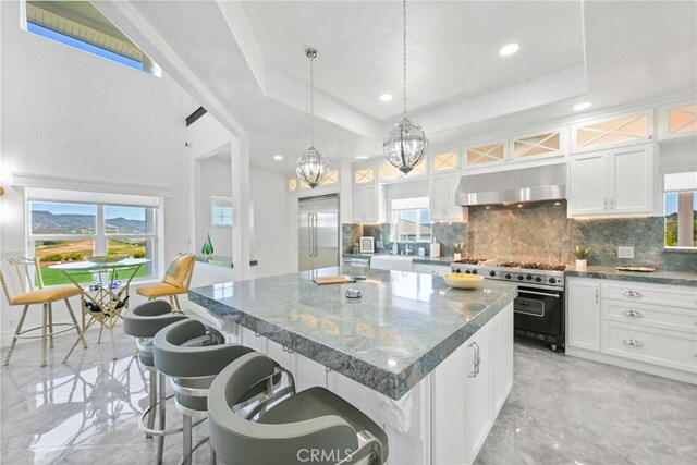 22252 Monte Rancho Dr, Temecula, CA 92590 - kitchen featuring under cabinet range hood, premium appliances, backsplash, white cabinets, and recessed lighting