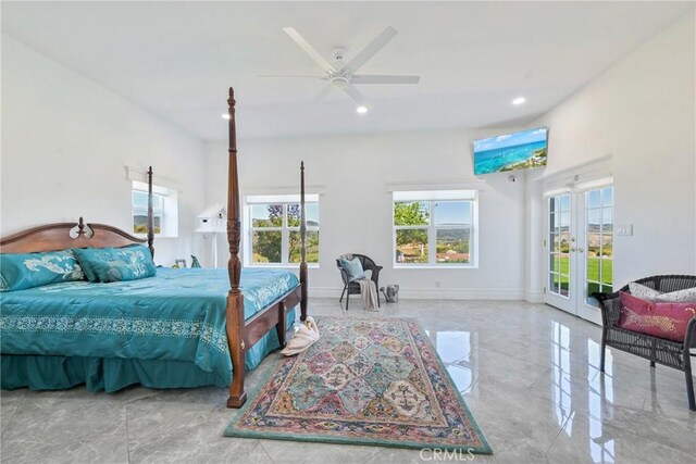 22252 Monte Rancho Dr, Temecula, CA 92590 - bedroom with french doors, marble tiled flooring, access to outside, multiple windows, and recessed lighting