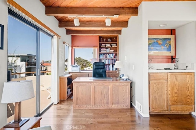 444 30th St, Manhattan Beach, CA 90266 - home office with wooden ceiling, light wood finished floors, and beamed ceiling