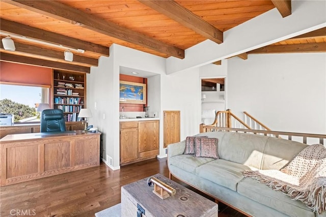 444 30th St, Manhattan Beach, CA 90266 - living room with wood ceiling, dark wood-style flooring, beam ceiling, and an office area