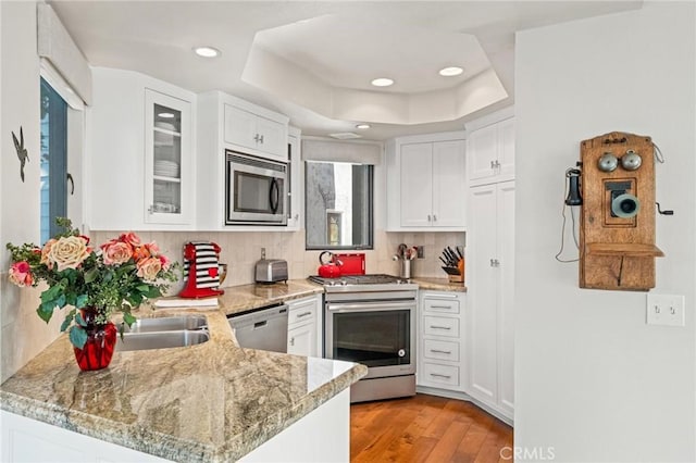 444 30th St, Manhattan Beach, CA 90266 - kitchen featuring stainless steel appliances, a tray ceiling, white cabinetry, backsplash, and light wood-style floors