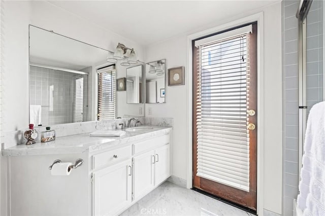 444 30th St, Manhattan Beach, CA 90266 - full bathroom with vanity, marble look tiles, and an enclosed shower