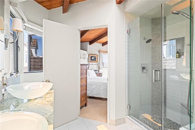 444 30th St, Manhattan Beach, CA 90266 - ensuite bathroom with a sink, wooden ceiling, beamed ceiling, tile patterned floors, and a shower stall