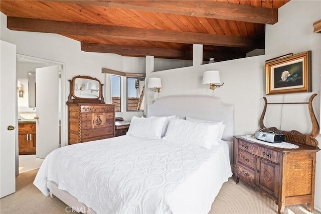 444 30th St, Manhattan Beach, CA 90266 - bedroom featuring light carpet, beamed ceiling, wooden ceiling, and ensuite bath