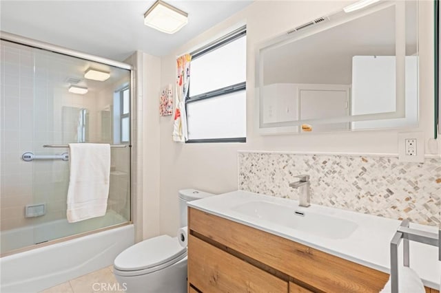 444 30th St, Manhattan Beach, CA 90266 - full bathroom featuring toilet, vanity, enclosed tub / shower combo, and decorative backsplash
