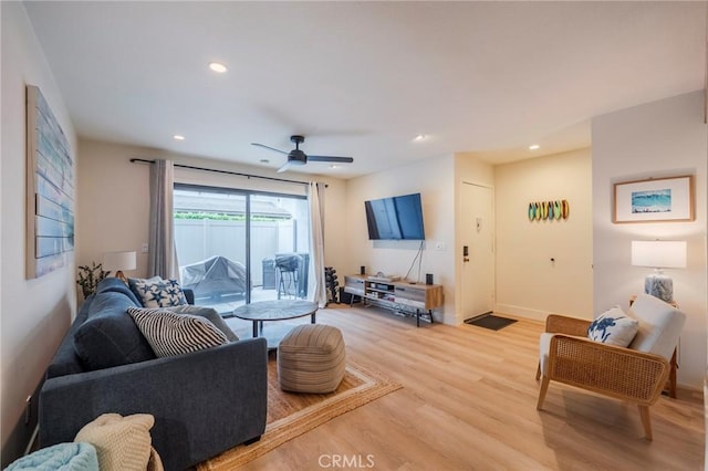 215 Wichita Ave Unit 106, Huntington Beach, CA 92648 - living room featuring light wood-type flooring, recessed lighting, and ceiling fan