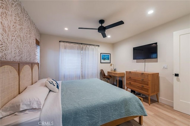 bedroom featuring wood finished floors, baseboards, recessed lighting, and a ceiling fan