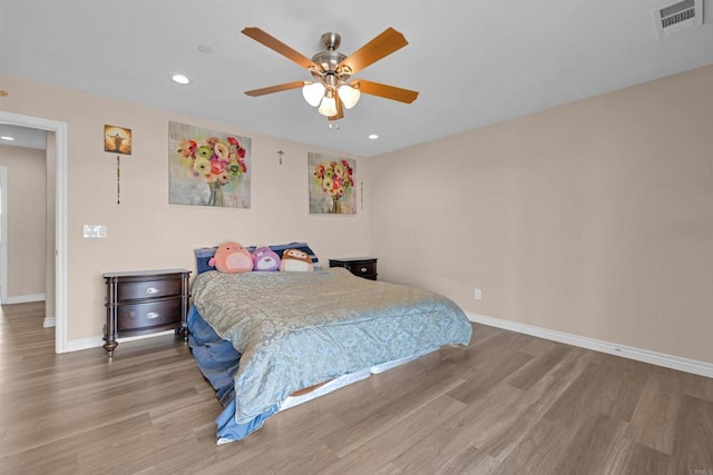 11374 Desert View Rd, Pinon Hills, CA 92372 - bedroom with wood finished floors, recessed lighting, baseboards, and a ceiling fan