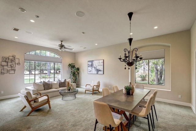 3522 Lancewood Way, Fallbrook, CA 92028 - dining space with light carpet, baseboards, recessed lighting, a chandelier, and a ceiling fan