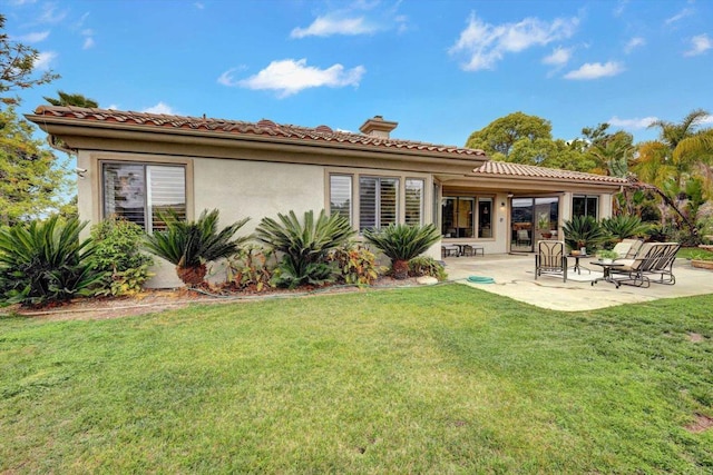 3522 Lancewood Way, Fallbrook, CA 92028 - rear view of house featuring a patio, stucco siding, a yard, and a chimney