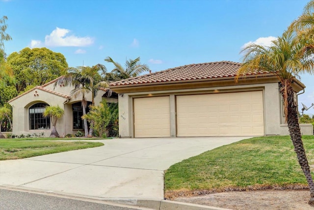 3522 Lancewood Way, Fallbrook, CA 92028 - mediterranean / spanish-style house featuring concrete driveway, stucco siding, a front yard, an attached garage, and a tiled roof