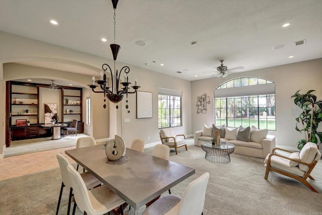 3522 Lancewood Way, Fallbrook, CA 92028 - dining area featuring a chandelier, recessed lighting, light carpet, ceiling fan, and baseboards