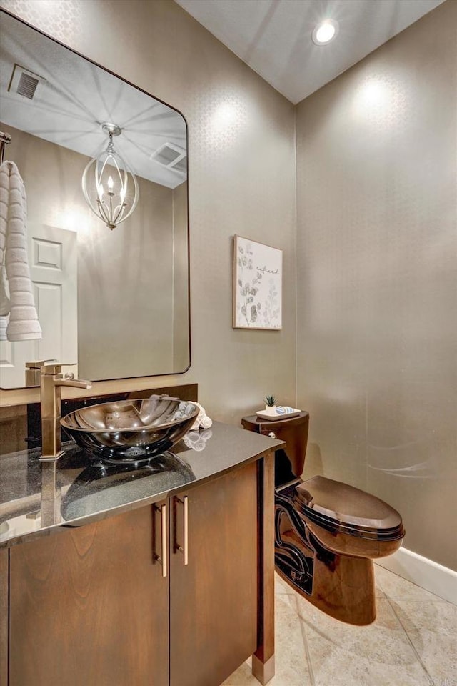3522 Lancewood Way, Fallbrook, CA 92028 - bathroom with vanity, tile patterned floors, baseboards, recessed lighting, and a chandelier