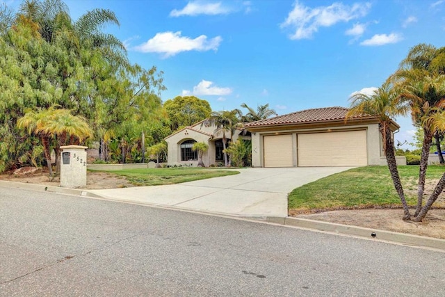 3522 Lancewood Way, Fallbrook, CA 92028 - mediterranean / spanish-style house with concrete driveway, a front lawn, stucco siding, and a tiled roof