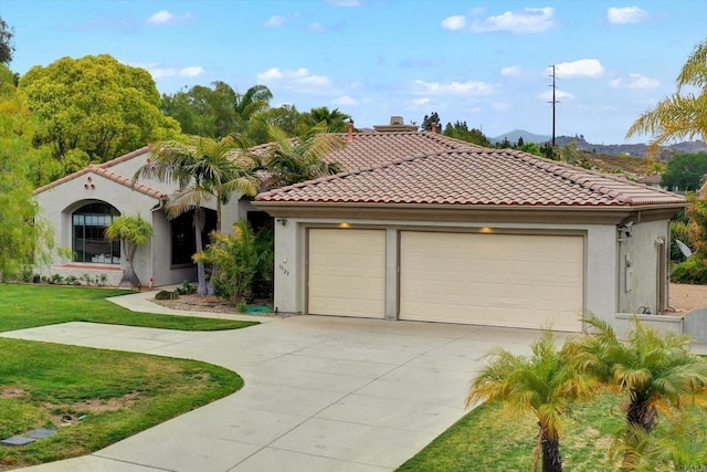 3522 Lancewood Way, Fallbrook, CA 92028 - mediterranean / spanish house featuring concrete driveway, stucco siding, a tiled roof, a front yard, and a garage