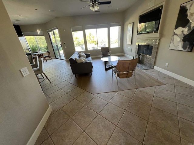 3522 Lancewood Way, Fallbrook, CA 92028 - tiled living room with a premium fireplace and a ceiling fan