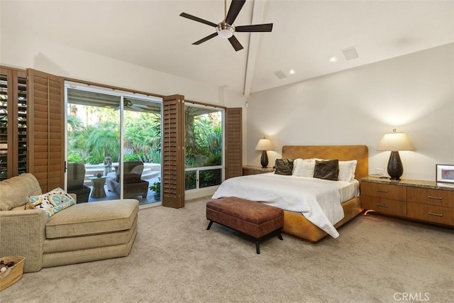 bedroom with light carpet, access to exterior, high vaulted ceiling, and ceiling fan