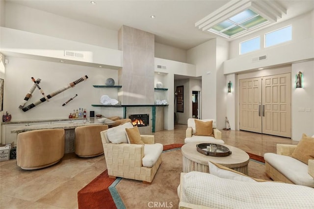 community lobby with a high ceiling