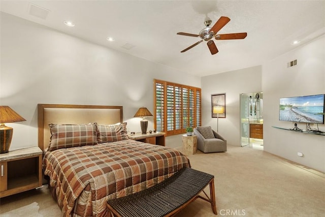 bedroom featuring carpet flooring, ceiling fan, ensuite bath, and recessed lighting