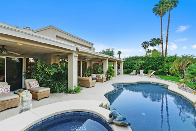 swimming pool featuring a ceiling fan, an outdoor hangout area, a patio area, and an in-ground hot tub