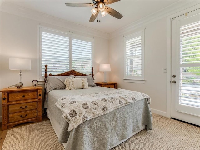 8670 Erika Ct, Atascadero, CA 93422 - bedroom with ornamental molding, access to exterior, ceiling fan, baseboards, and light colored carpet
