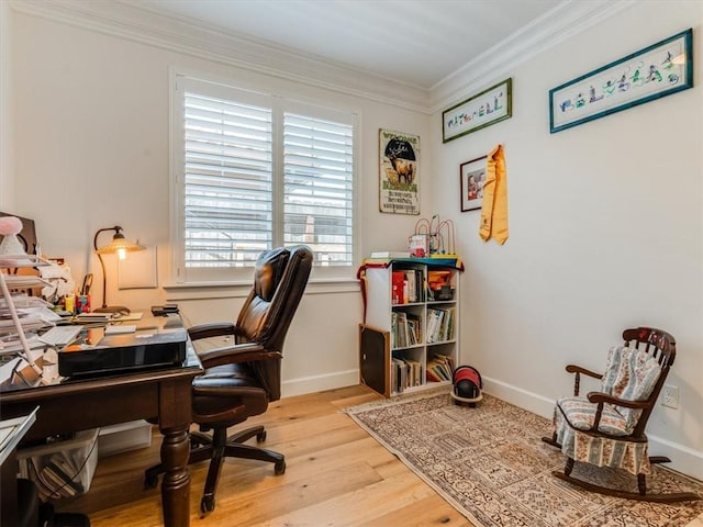 8670 Erika Ct, Atascadero, CA 93422 - office area with crown molding, light wood-type flooring, and baseboards