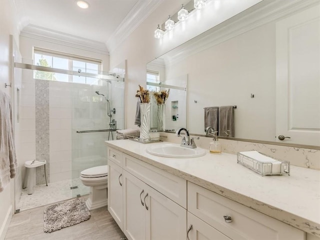8670 Erika Ct, Atascadero, CA 93422 - full bath with crown molding, a shower stall, toilet, and vanity