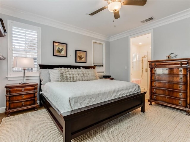 8670 Erika Ct, Atascadero, CA 93422 - bedroom with crown molding, ceiling fan, light colored carpet, and ensuite bathroom