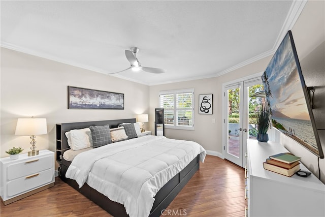 bedroom featuring access to exterior, crown molding, dark wood finished floors, baseboards, and ceiling fan