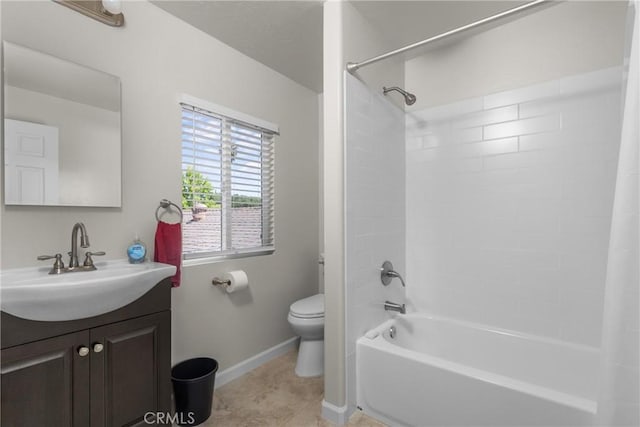 9019 San Gabriel Rd, Atascadero, CA 93422 - bathroom with toilet, baseboards, vanity, shower / tub combo with curtain, and tile patterned flooring